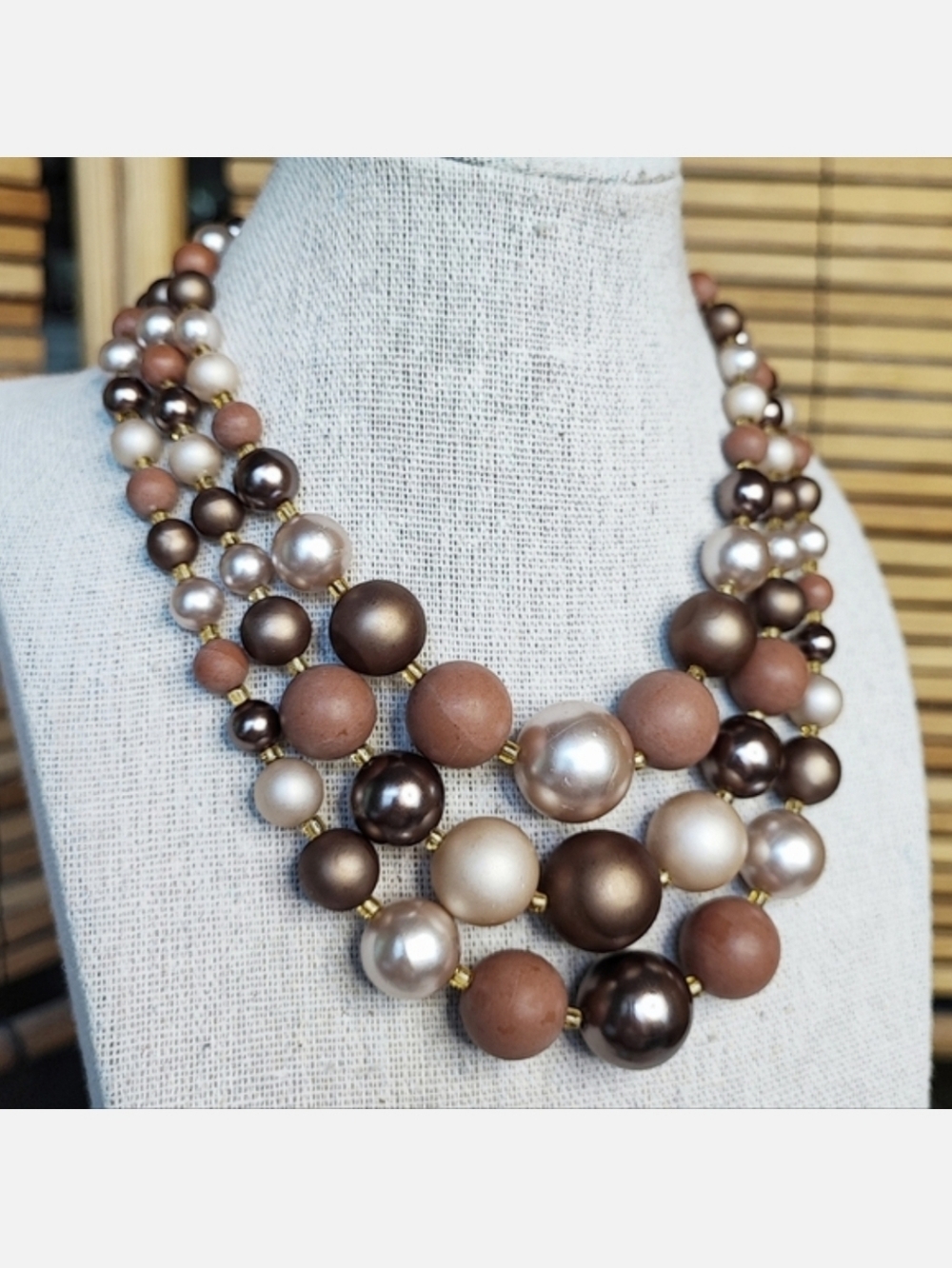 3 Strand Vintage Japan Signed Necklace Faux Pearls Nude Natural